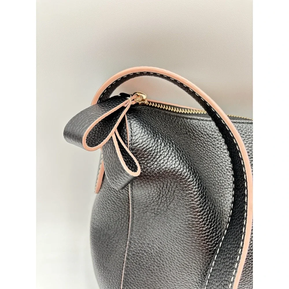 Kate Spade Black Pebbled Leather Shoulder Bag Tassel Logo‎ Hobo Purse